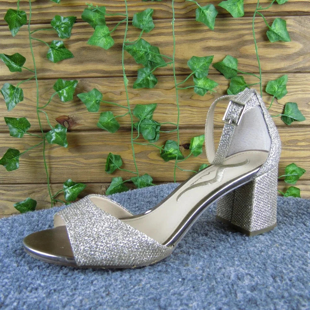 Nina Gold Glitter Block Heel Sandals‎ Women's Size 6 Open Toe Ankle Strap Heels